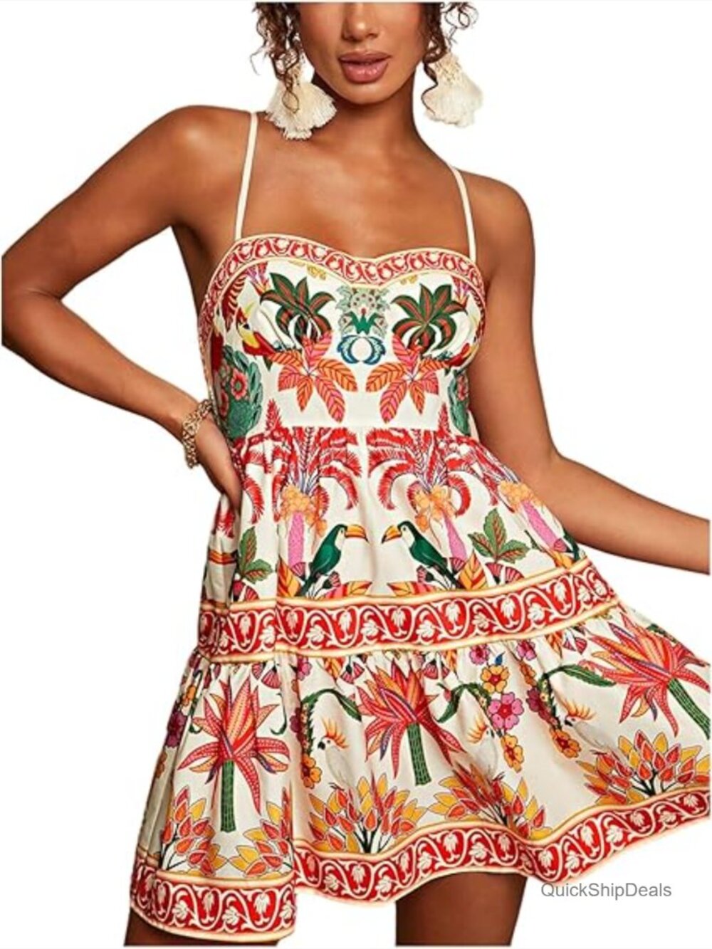 Floral Boho Mini Dress Spaghetti Strap Tiered Ruffle Summer Beach Vacation